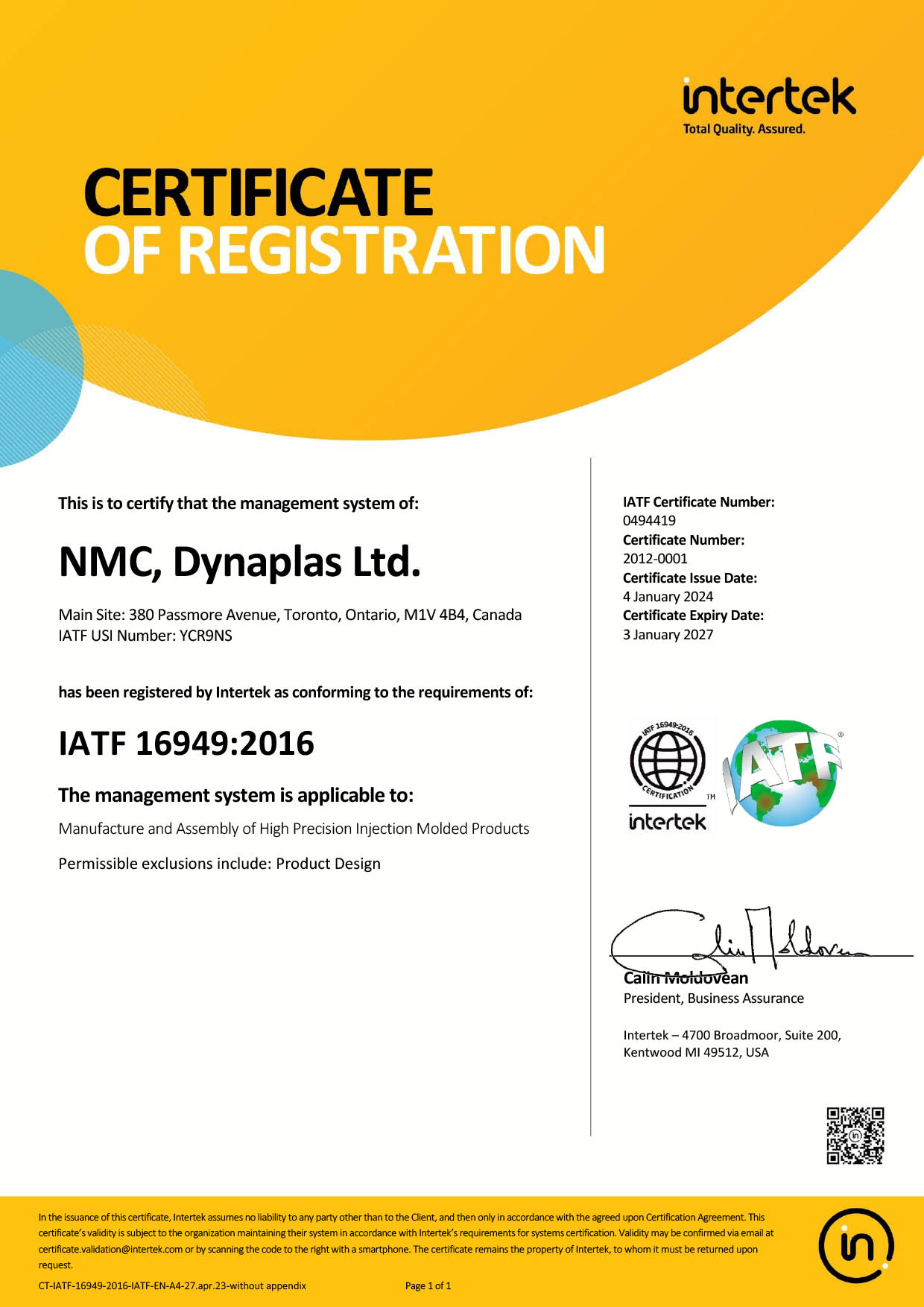 Nmc Dynaplas Iatf 16949 Cert 2012 0001 Exp1 3 27 - National Molding