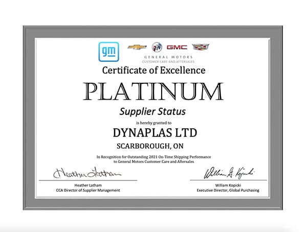 Gm Certificate Of Excellence Platinum Award - National Molding